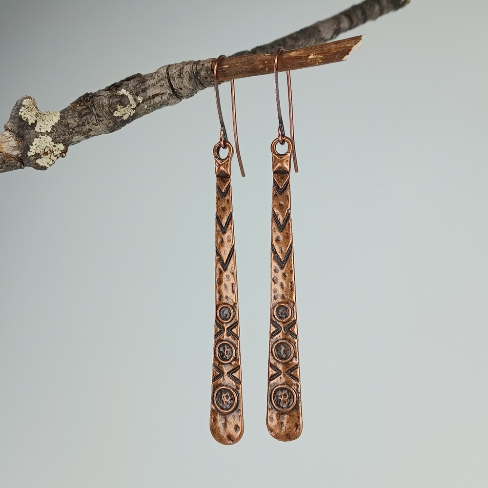 HAND CRAFTED Copper Tribal Bar Rustic Minimalist Dangle Earrings